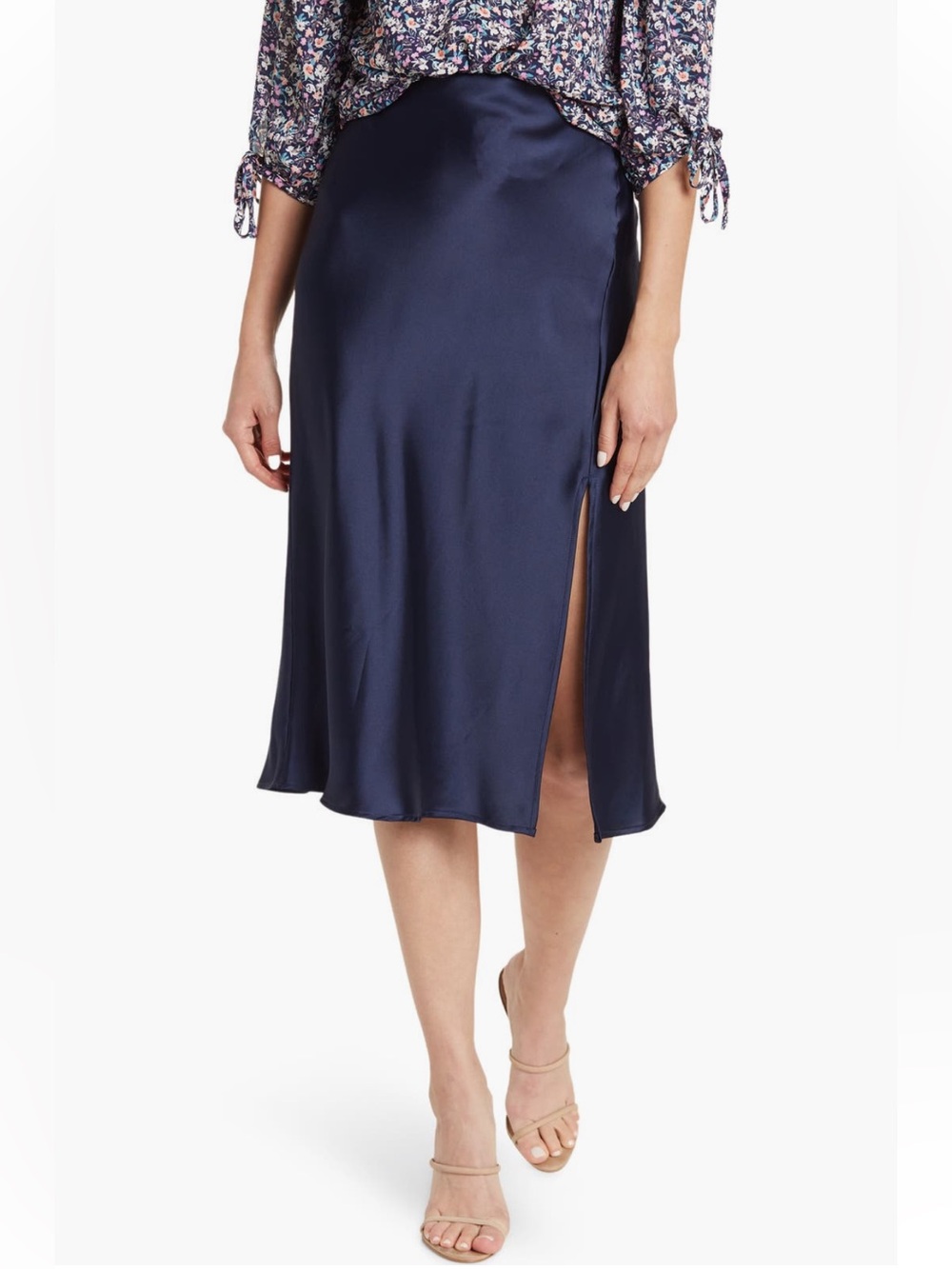 Navy Satin Midi Skirt with Side Slit